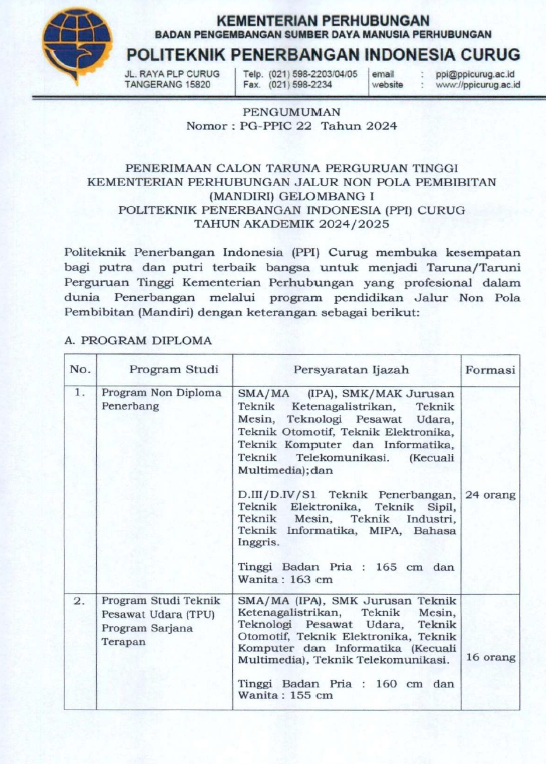 Pengumuman Pembukaan Sipencatar Jalur Non Pola Pembibitan (Mandiri) Gelombang 1 Politeknik Penerbangan Indonesia Curug TA. 2024/2025